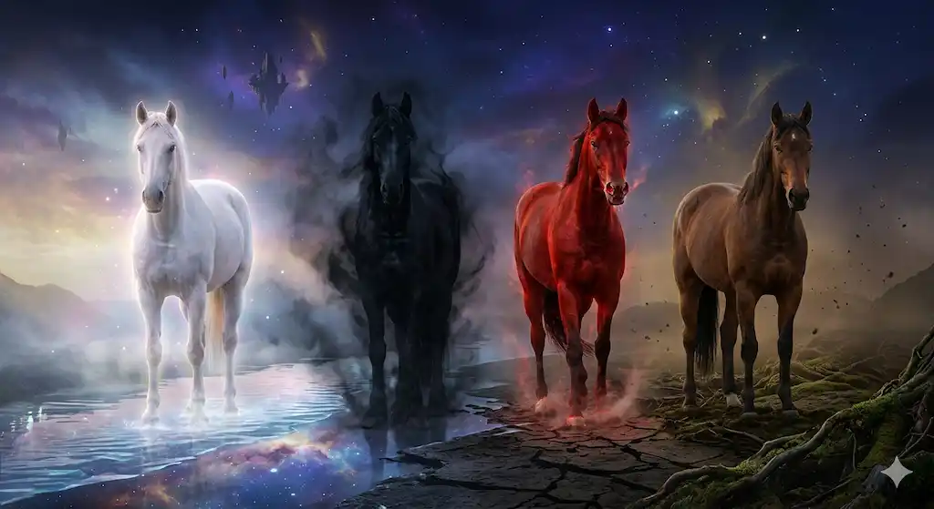 Four horses (white, black, red, brown) in a surreal dreamscape representing different dream meanings.