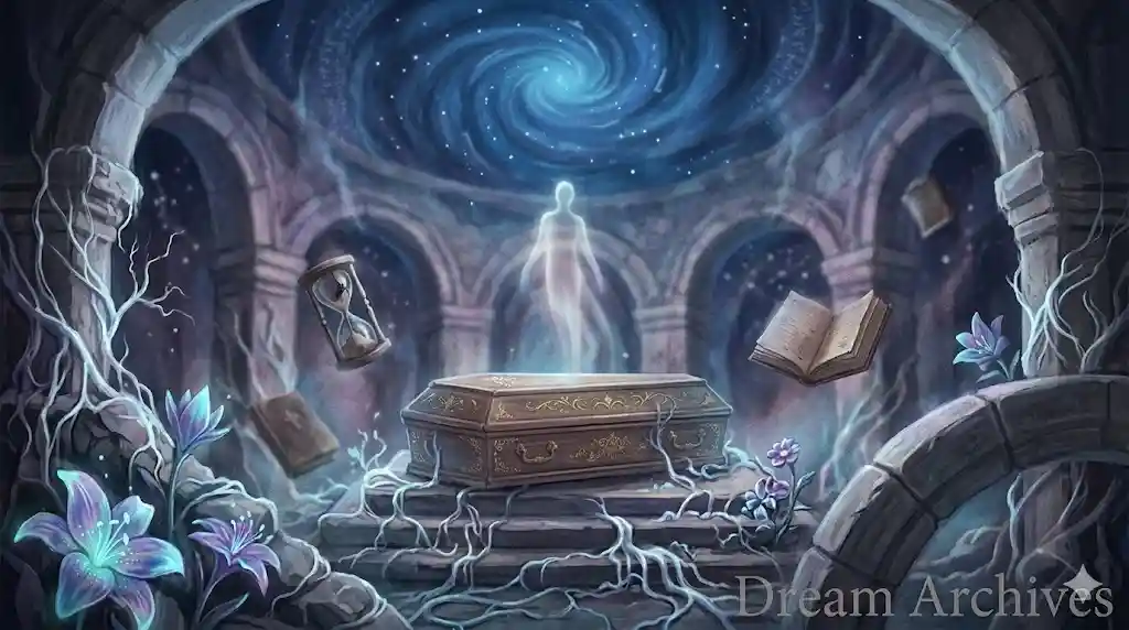 A surreal dream interpretation of death featuring a glowing soul rising from an ornate coffin in an ancient stone crypt.