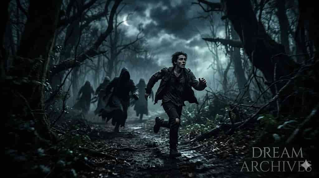 A cinematic, realistic depiction of a young man running through a misty, dark forest at night, chased by hooded shadow figures. High contrast, eerie atmosphere, featuring Dream Archives watermark.