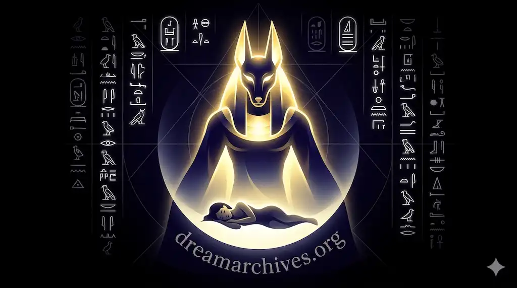 A high-contrast surreal illustration of the ancient Egyptian jackal god Anubis, rendered in glowing gold and deep indigo. He stands centrally, protective and colossal, guiding a tiny sleeping human figure through glowing geometric patterns and far-off white hieroglyphs, symbolizing spiritual transition in dreams.
