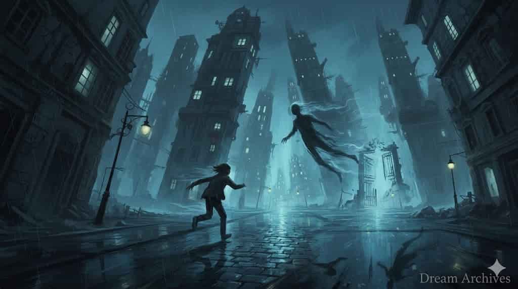 A person running through a surreal, rainy, and distorted city landscape, symbolizing the psychological state of being chased in a dream. Dream Archives illustration.