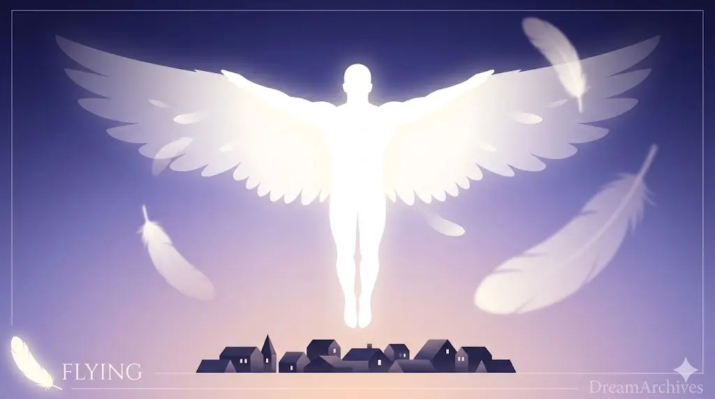 A large, radiant silhouette of a human figure with immense wings soaring upwards in a dream illustration.