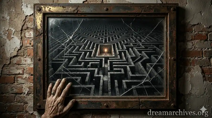 A cracked mirror reflecting a dark stone labyrinth with a single candle at the center, symbolizing the psychological search for identity and the meaning of broken mirrors in dreams