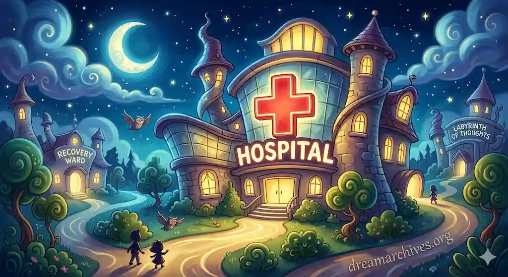 A surreal, cartoon illustration of a whimsical hospital building at night with a large, glowing red cross symbol and the word HOSPITAL prominently displayed on the facade, representing healing in a dream.