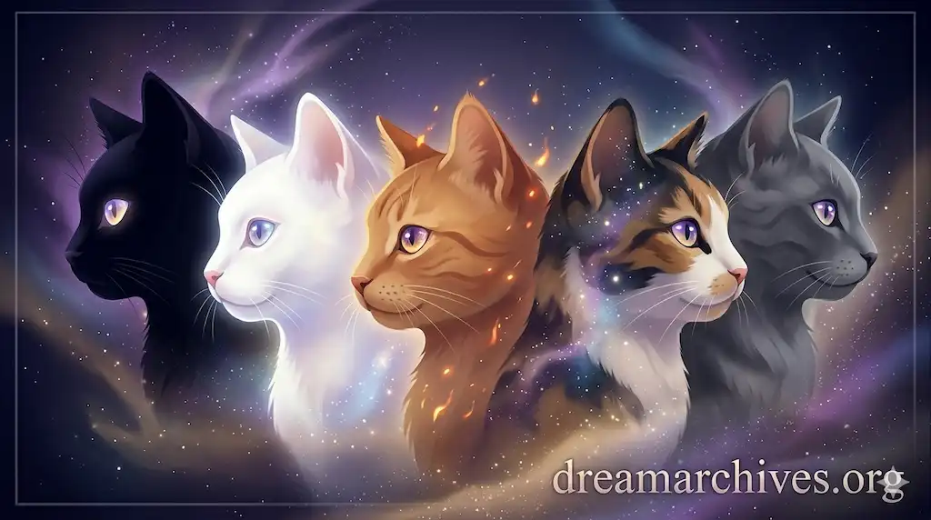A mystical illustration showing five stylized cats in black, white, ginger, grey, and calico hues, symbolizing the different emotional meanings of cat dreams against a deep space background.