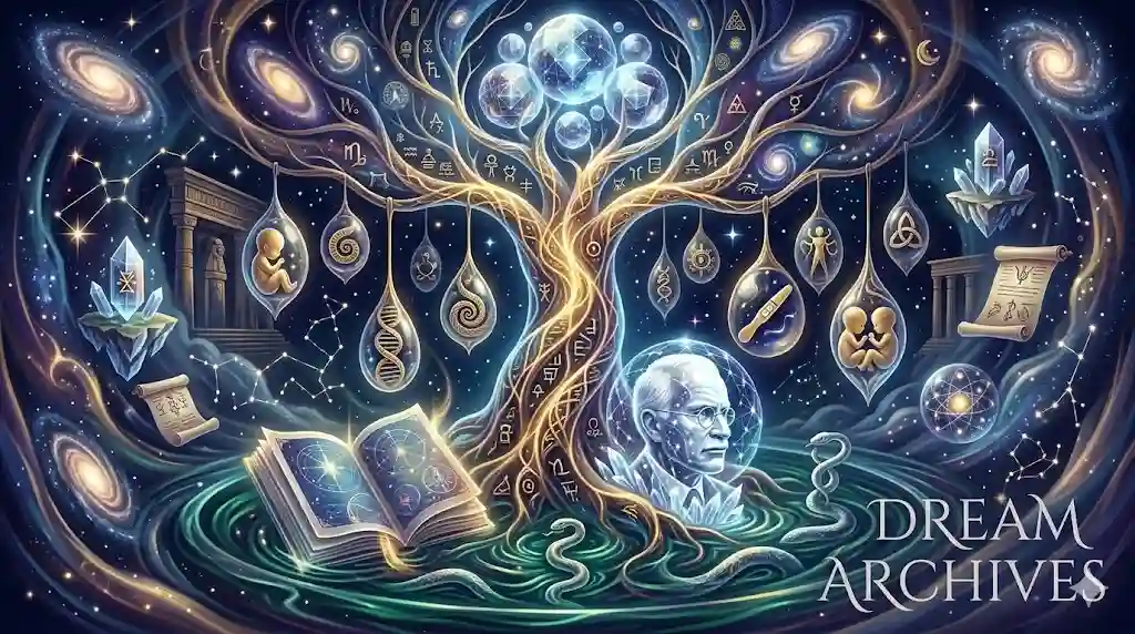 An artistic collage of various pregnancy dream symbols including twins, positive tests, and life cycles, illustrating different dream scenarios.