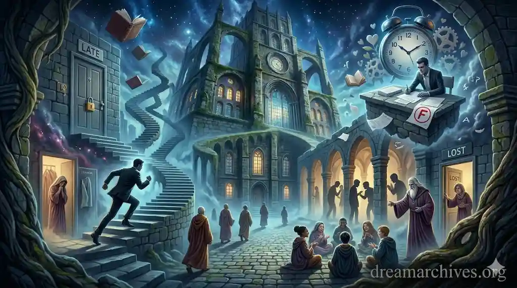 Surreal dream about school scenarios illustrating anxieties like being late, failing a test, being lost, and teachers in a single ancient archive setting.