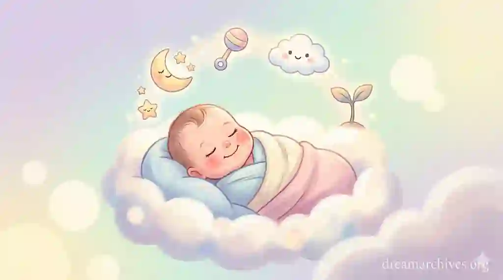 A tender, cute digital illustration of a chubby, smiling newborn baby swaddled in soft pastel blankets, peacefully asleep on a cloud cradle with floating cartoon dream elements like a crescent moon, stars, a rattle, and a small sprout against a diffused pastel background.