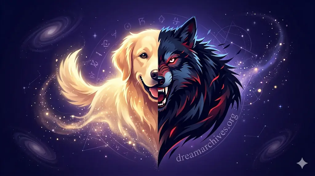 A striking split-face illustration of a friendly golden retriever and a fierce black wolf under a mystical cosmic sky, representing the dual psychological meanings of loyalty and aggression in dog dreams.