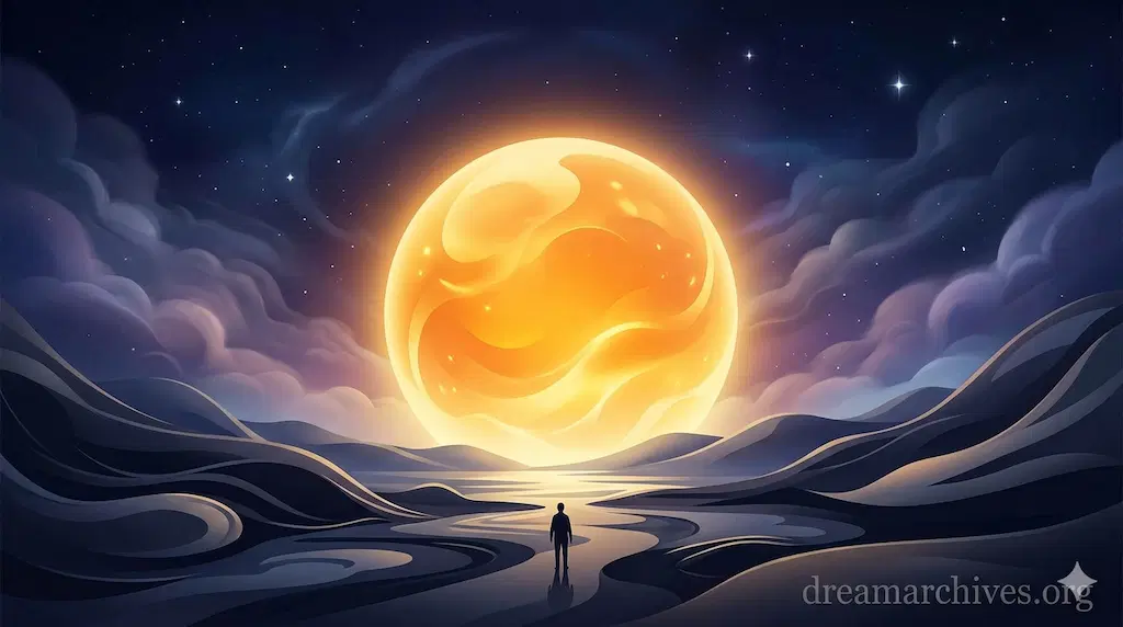 A giant, glowing golden sun illuminating a surreal dreamscape with a lone silhouette, representing dream interpretation of the sun.
