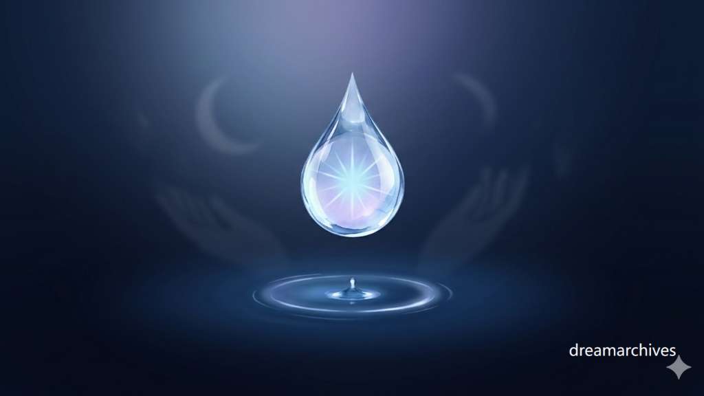 A crystal clear water droplet suspended above a calm water surface with ripples expanding outwards. Minimalist and zen-like imagery symbolizing the birth of a thought or the first ripple of a subconscious dream. Soft, ethereal lighting.