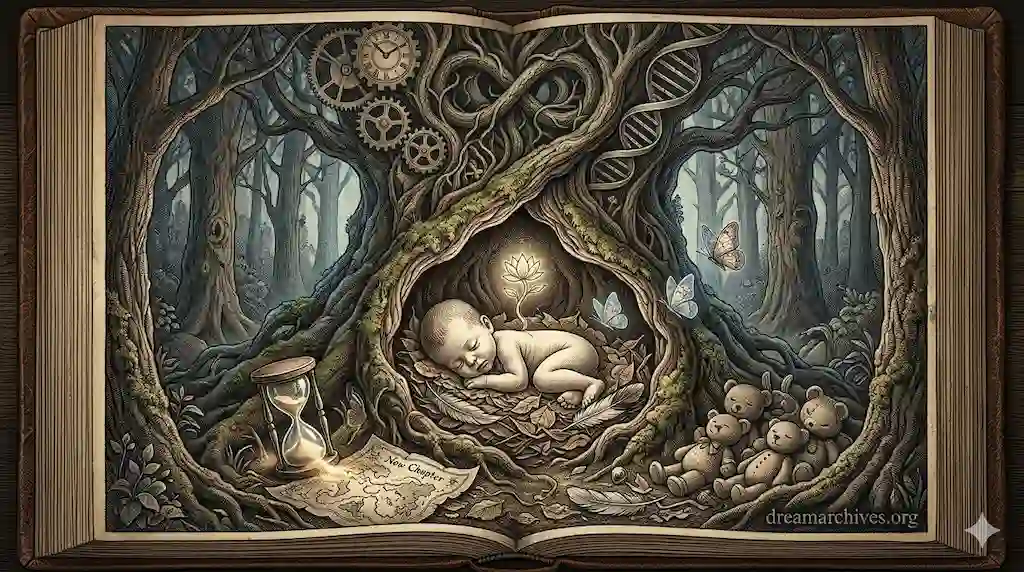 A intricate classical etching of a tiny sleeping infant nested securely within a hollowed ancient tree stump, surrounded by symbolic forest elements like gears and maps.