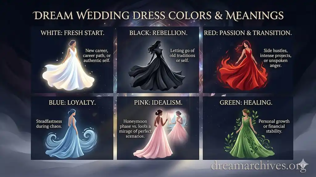 Infographic about the meaning of wedding dress colors in dreams, including white, black, red, and blue dresses.