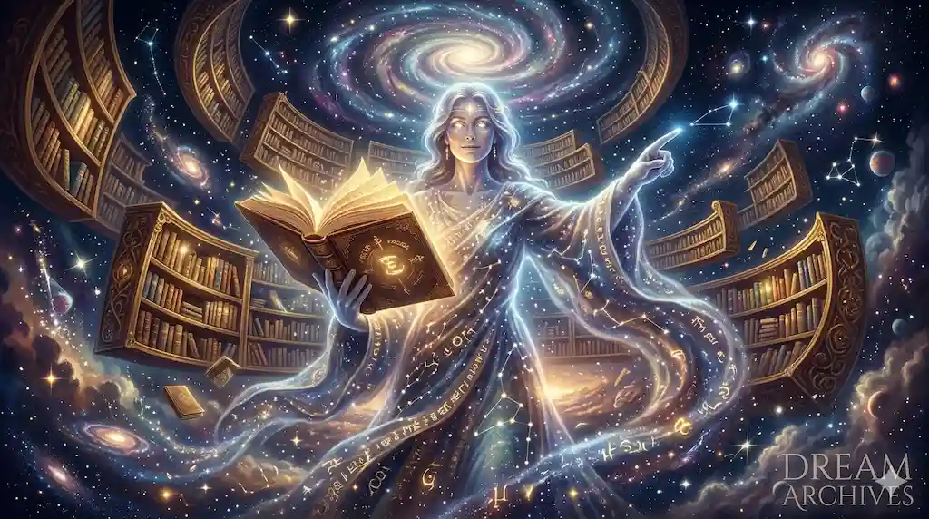 Surreal illustration of a teacher in a dream with a glowing book and cosmic library, representing inner guidance and authority.