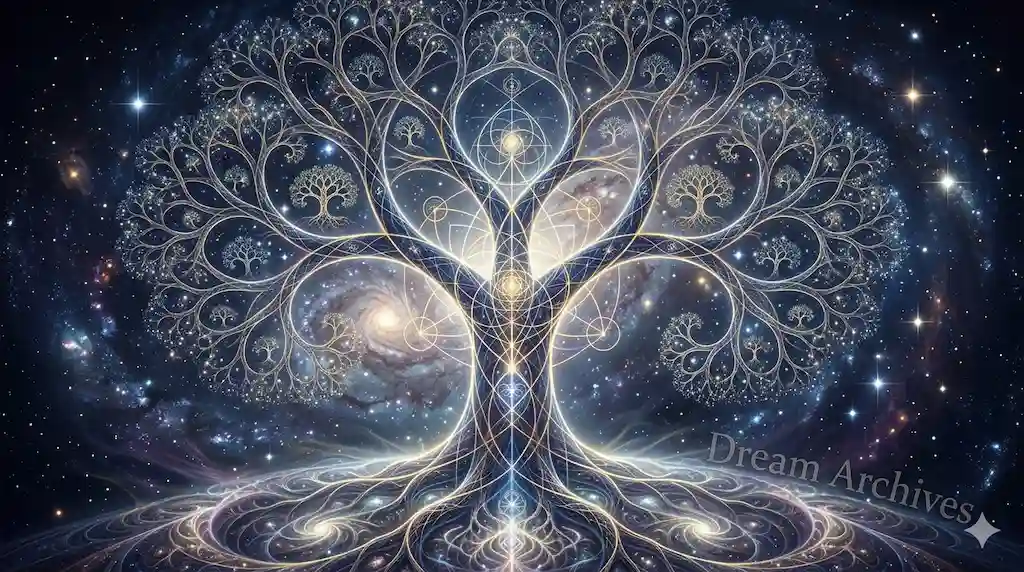 A glowing fractal tree of life with intricate geometric branches merging into a starry galaxy background, symbolizing universal growth and consciousness.