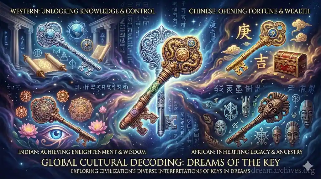 Ornate cosmic infographic decoding diverse global cultural interpretations of keys in dreams: Western (Knowledge/Control), Chinese (Fortune/Wealth), Indian (Enlightenment/Wisdom), African (Legacy/Ancestry). Titled 'Dreams of the Key' by DreamArchives.org.