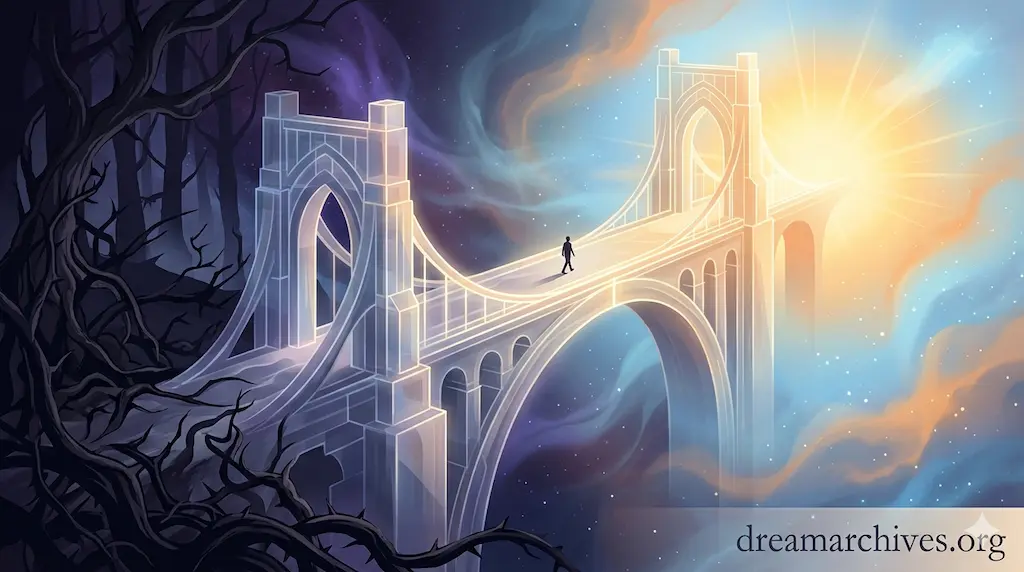 A detailed gothic white bridge in a dream connecting a dark thorny forest to a radiant glowing sun, symbolizing a spiritual transition from hardship to clarity.