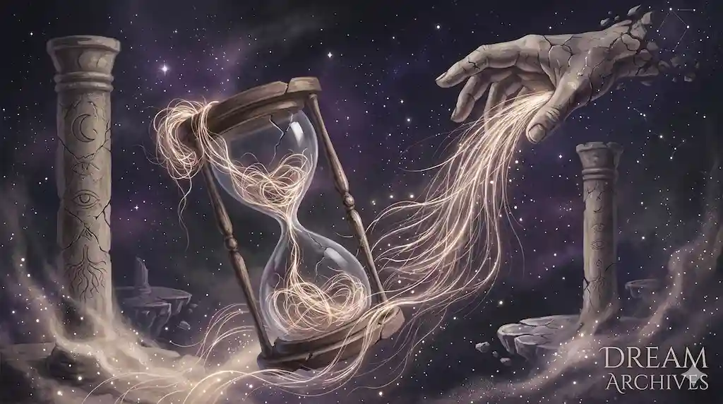 A surreal hourglass filled with falling hair instead of sand, representing the loss of time and personal power in a dream.