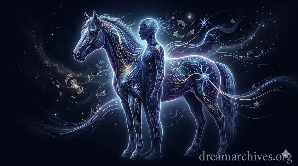 A glowing cosmic dream image of a blue and gold horse intertwined with a human silhouette, symbolizing spiritual energy and subconscious fusion.
