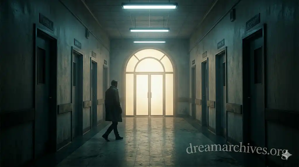 A lone person walking through a dim, surreal hospital corridor toward a glowing bright exit, representing spiritual healing and hospital dream meaning.
