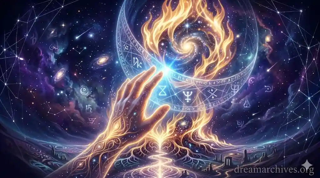 A human hand with golden energy reaching towards a contained cosmic fire vortex in a deep indigo dream universe, symbolizing personal spiritual transformation.