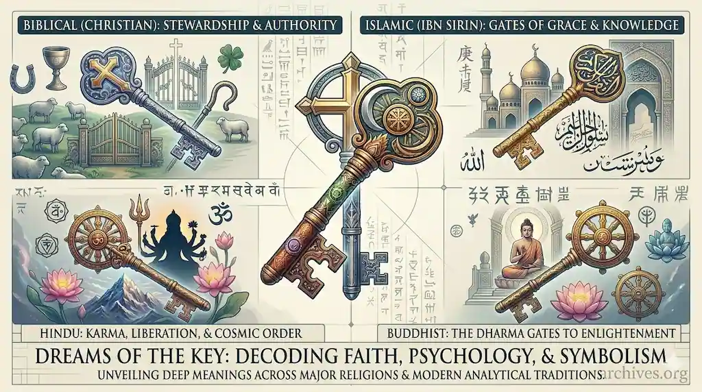 Two ornate golden keys crossed in the center, surrounded by modern technology icons including an AI chip, VR headset, drone, robotic arm, and satellite.