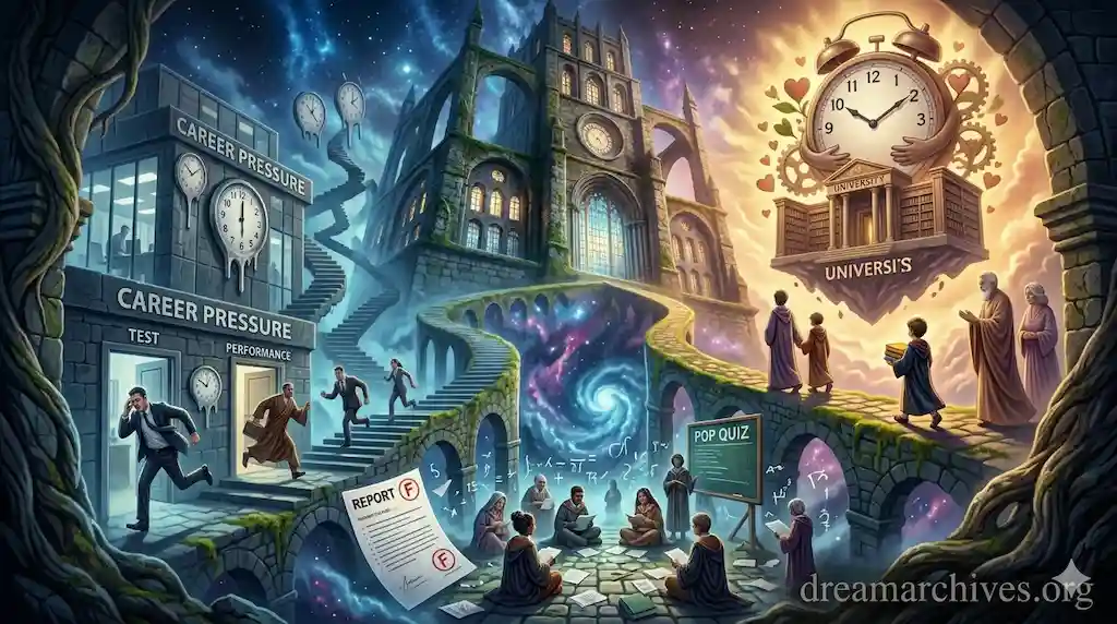 Surreal dream about school meaning illustration comparing distinct subconscious anxieties for parents, working professionals, and diverse student figures.