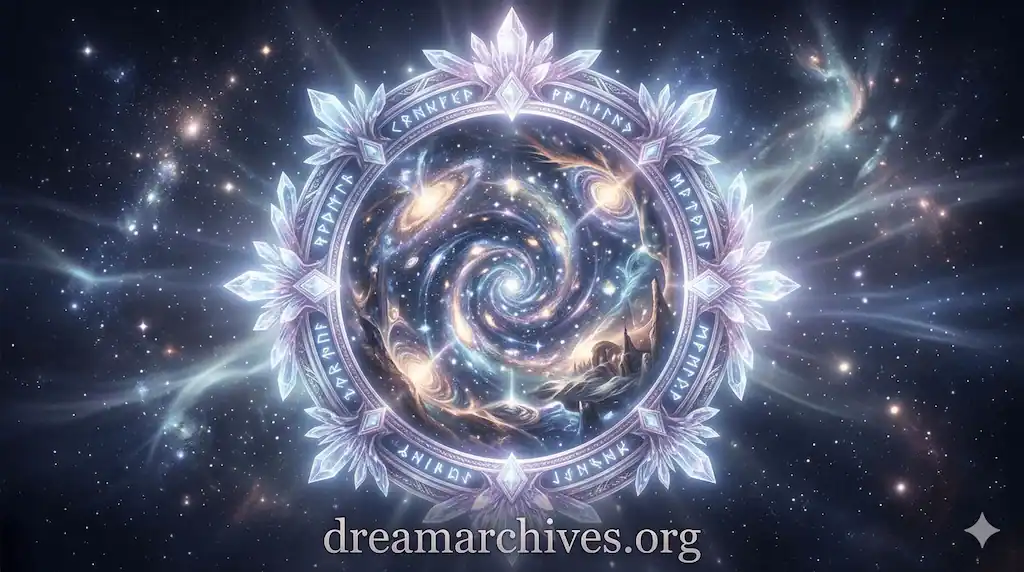 An ornate mystical mirror reflecting a swirling cosmic galaxy, symbolizing the deep psychological meaning of mirror dreams and a portal to the subconscious. 