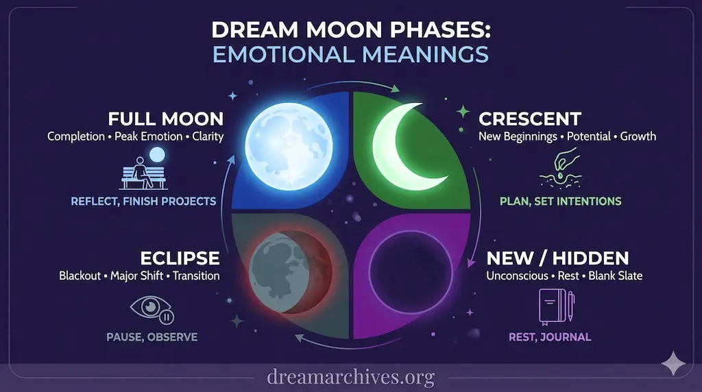 An infographic titled "Dream Moon Phases: Emotional Meanings" illustrating the symbolism of four lunar phases: Full Moon for completion , Crescent for new beginnings , New Moon for the unconscious , and Eclipse for intuition blackout.
