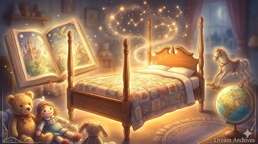 A glowing, nostalgic childhood bedroom at night with a magical open book, floating stars, and classic toys, symbolizing deep subconscious memories and dreams of parents.
