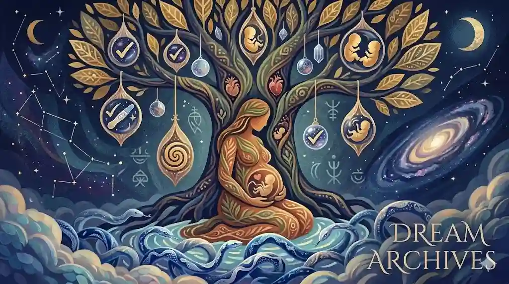 A deep psychological illustration of pregnancy dreams, featuring a stylized Tree of Life, Jungian archetypes, and interwoven subconscious symbols representing spiritual rebirth.