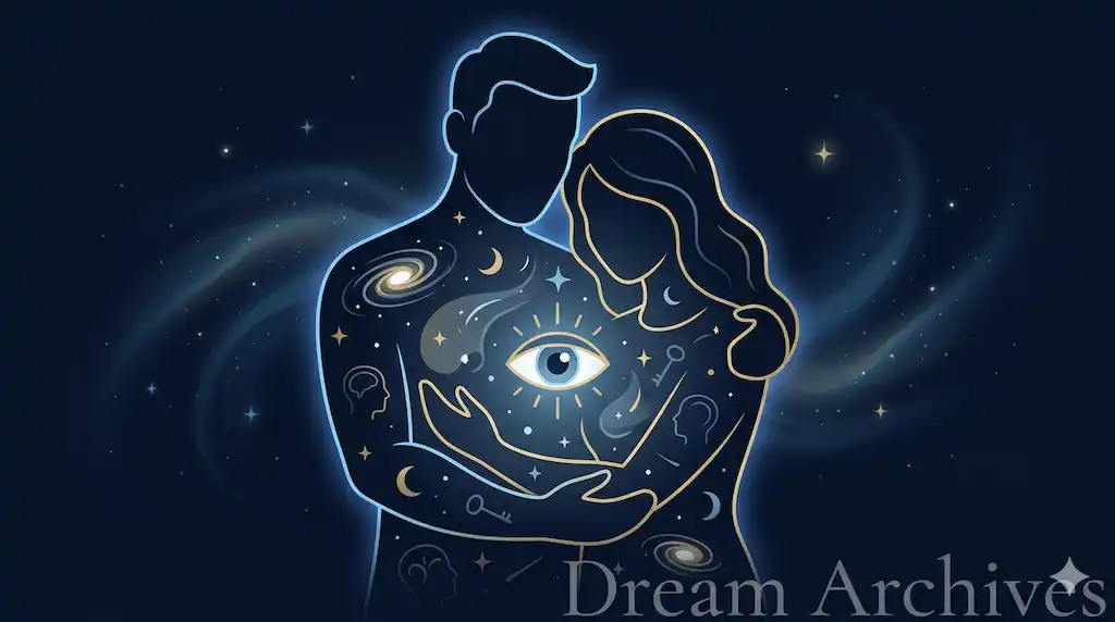 Mystical illustration of parent silhouettes filled with galaxies and a central eye, representing the subconscious and spiritual meaning of dreaming about parents.