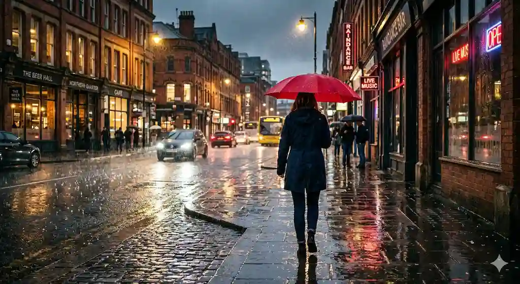A woman walking with a red umbrella on a rainy city street at dusk, symbolizing emotional protection and spiritual renewal in dream interpretation.