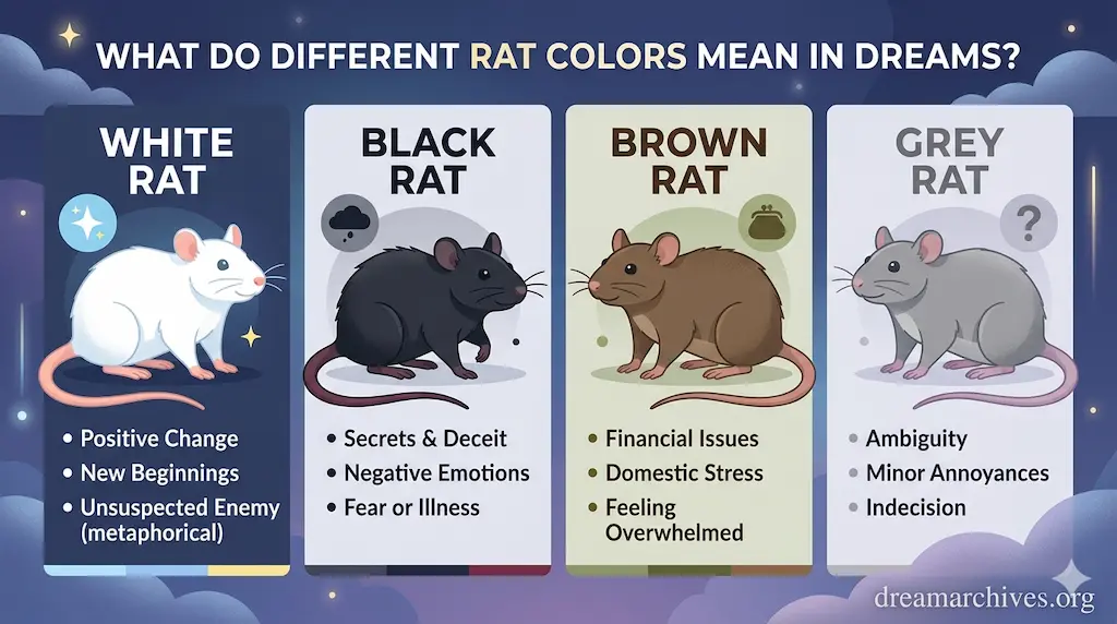Meanings of different colored rats in dreams, including white, black, brown, and grey rat symbolism