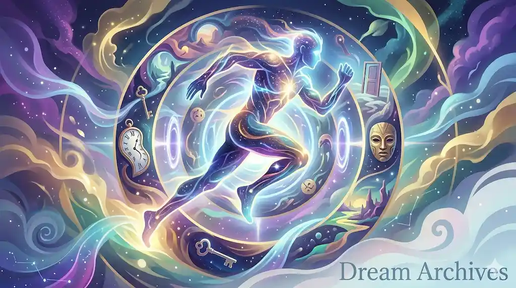 A cosmic figure running through a surreal dream vortex with clocks and keys, representing the spiritual meaning of running in dreams.