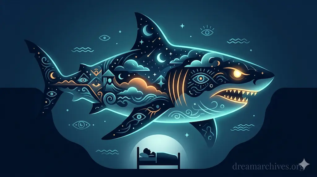 A mystical, glowing shark filled with celestial symbols like moons and stars, hovering over a person sleeping in bed, illustrating the deep spiritual and psychological meaning of shark dreams.