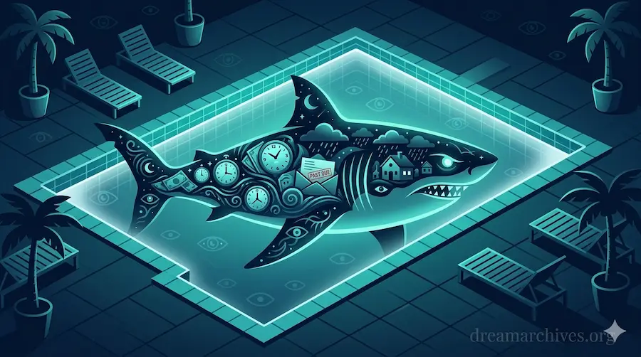 A glowing teal vector illustration of a shark trapped inside a domestic swimming pool. The shark's body is filled with swirling patterns of anxious rolling clocks and past due bill envelopes labeled 'PAST DUE', symbolizing financial and time stress. Empty lounge chairs are on the surrounding dark patio, from dreamarchives.org.