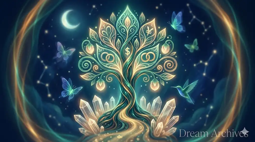 A glowing symbolic money tree with golden currency signs and jewel-toned butterflies in a mystical night forest, representing subconscious abundance and self-worth.