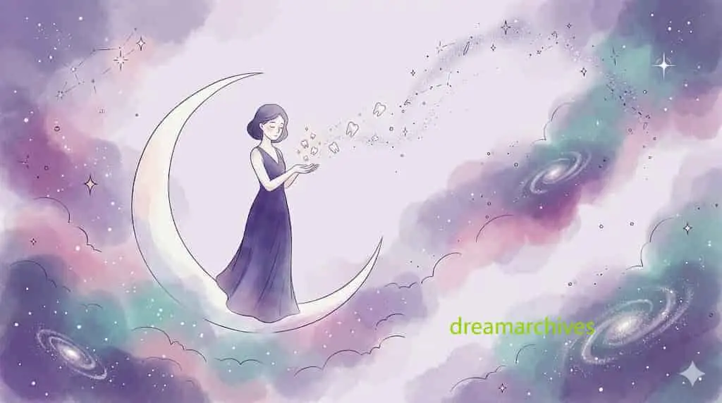Surreal illustration of a woman holding falling teeth, depicting the psychological meaning of losing teeth in dreams.