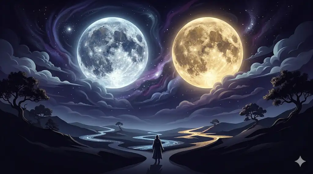 A solitary, cloaked figure stands at a fork in a winding path, gazing up at a surreal night sky with two massive, glowing full moons, one silvery-blue and one golden, surrounded by cosmic nebulae. This symbolizes subconscious conflict and divergent paths in dream interpretation.