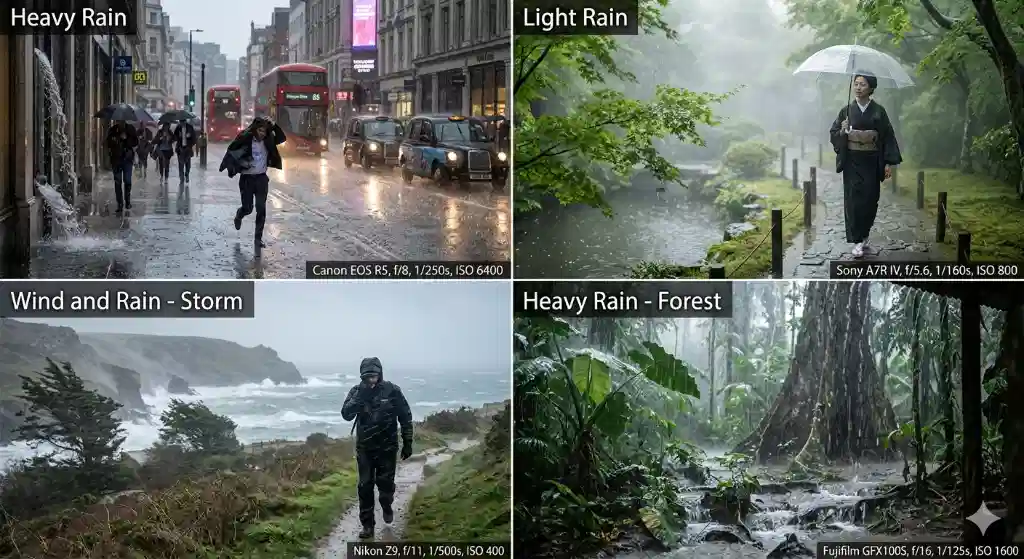 A collage showing four types of rain: heavy city rain, light garden drizzle, coastal storm, and tropical forest rain for dream analysis.