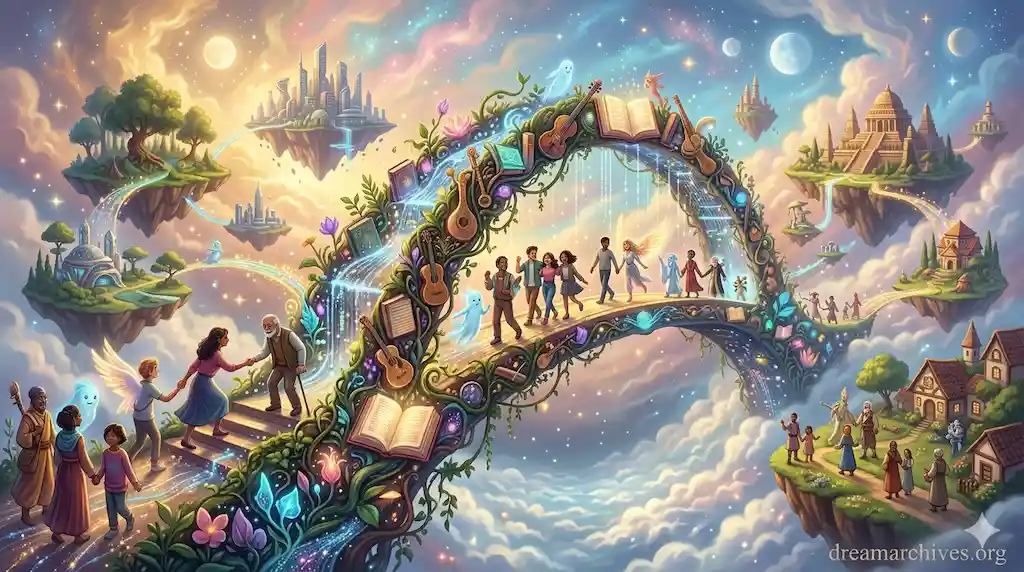 A surreal bridge made of glowing books, musical instruments, and plants connecting floating islands, with diverse people helping each other, symbolizing the dream meaning of social and spiritual connections.