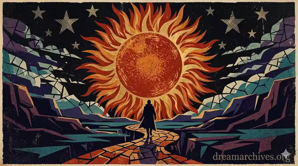 A vintage mosaic style illustration of a sun with a face, a winding path, and stars, representing the journey of dream exploration.