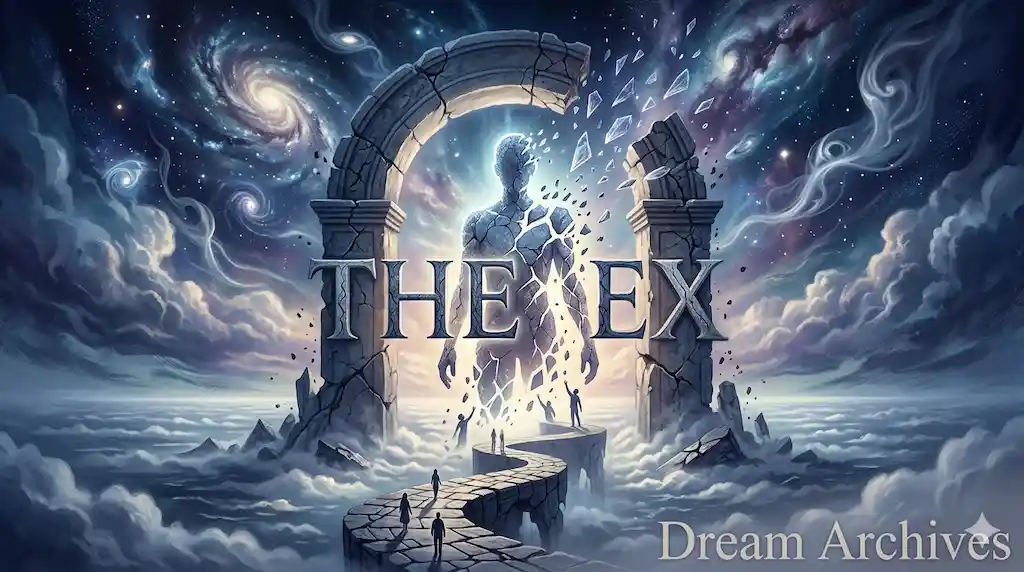 A colossal stone monument with the text 'THE EX' crumbling under a cosmic dream sky, featuring a glowing human silhouette dissolving into fragments. Conceptual art representing the psychology of dreaming about an ex-partner for DreamArchives.org.
