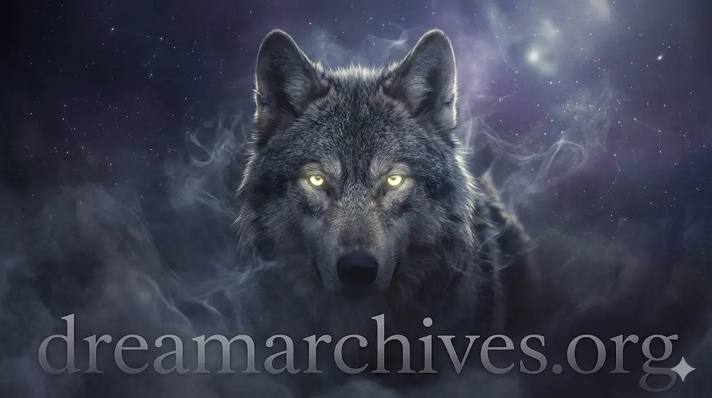 A majestic wolf with glowing eyes emerging from mystical dream mist and stars, representing deep subconscious instincts and spiritual dream meaning.