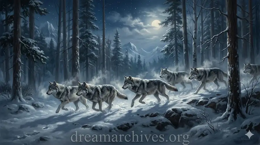 A mystical, misty nocturnal landscape featuring a pack of grey wolves running together through a snow-covered forest under moonlight, representing social dynamics, family, and group instincts in dream analysis.